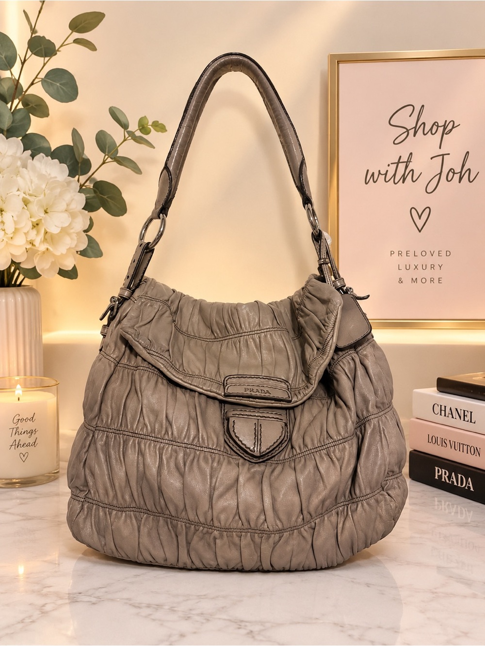 Prada Taupe Ruched Soft Leather Hobo Shoulder Bag